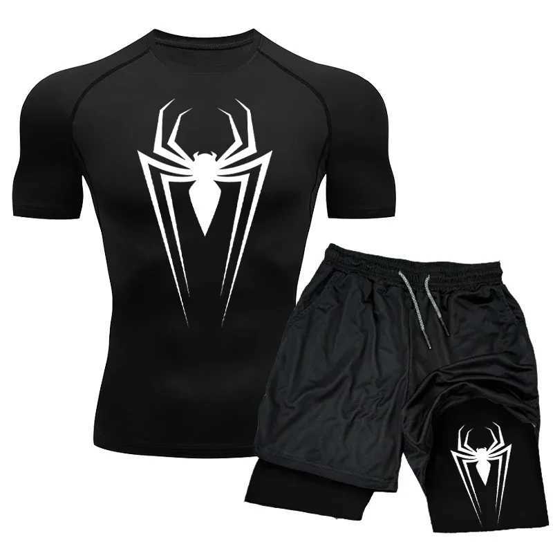 Mens Compression Set Short Sleeve Boxing Sport Gym Top+Workout Shorts Double Layer Quick Drying Breathble Tight Rashguard Suit X250129