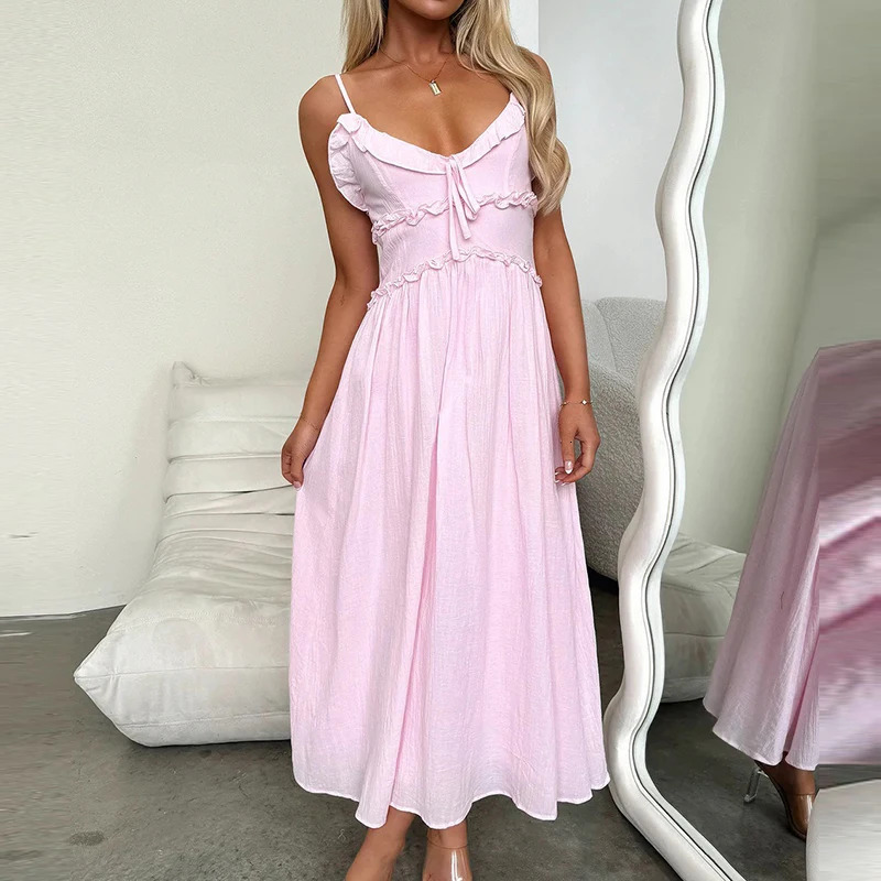 V Neck Ruffle Suspender Long Dresses Sexy Hollow Out Sleeveless Pleated Beach Dress Simple Solid Color Womens Holiday Dress 250113