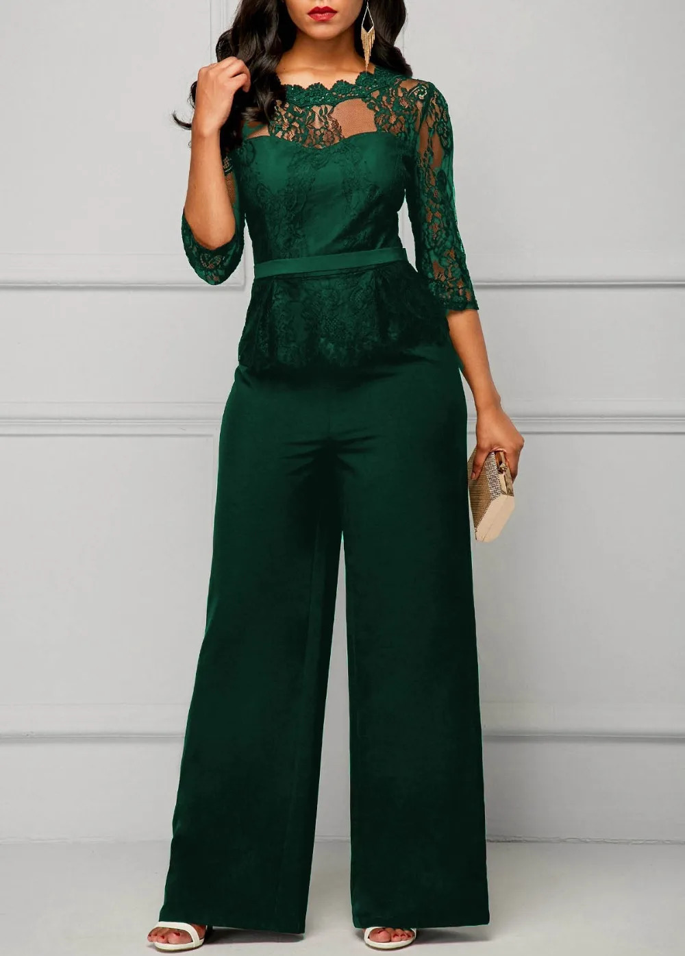 Elegant Sexy Jumpsuits Women Long Sleeve Lace Patchwork Jumpsuit Loose Trousers Wide Leg Pants Rompers Holiday Black Overalls 250109