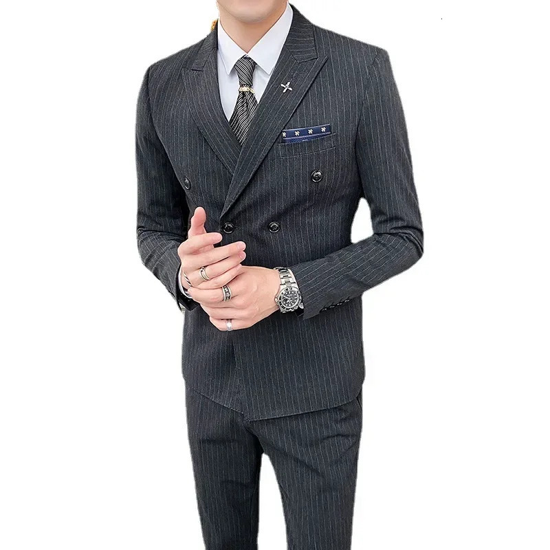 2024 Formal Stripe Men Suits Double Breasted Wedding Groom Stage Tuxedo Man Business Slim Social Suit Dress 2 Pcs 3pcs 250122