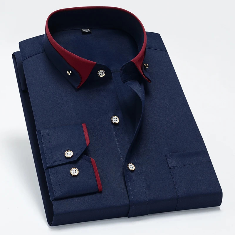 Mens Business Dress Shirts long Sleeve Contrast Collar Social Camisa With Diamond Antiwrinkle Button Down Black Blue 250110
