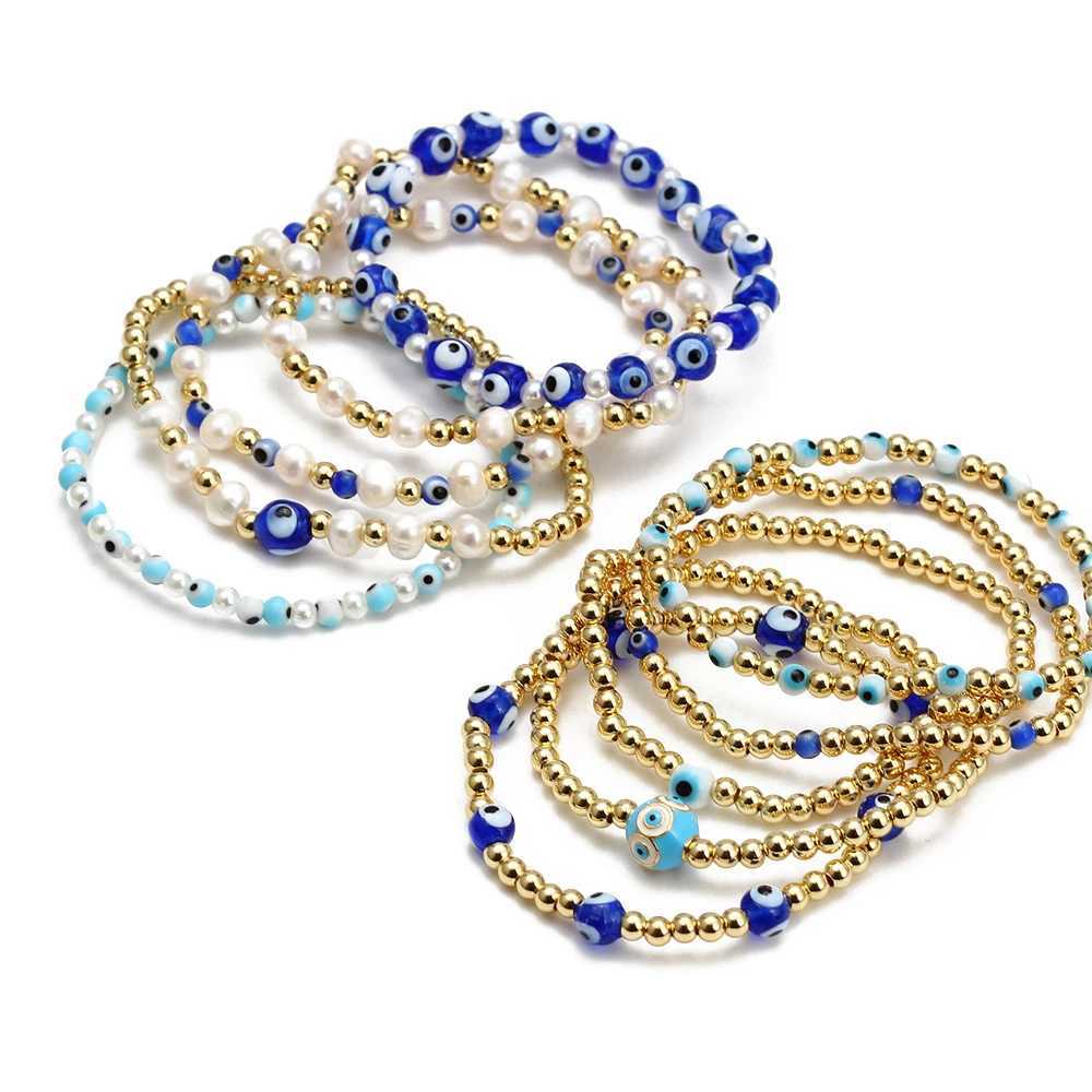 Lucky Eye Adjustable Pearl Metal Beads Bracelet Set Turkish Evil Eye Charm Beaded Bracelet for Wen Girls Men Jewelry BE826 X250129
