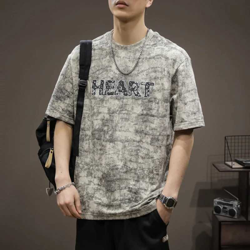 2024 Summer New Round Neck Heavyweight T-shirt Mens American Retro distressed Washed Cotton Fashion Trend Letter Embroidery TopXJ250117