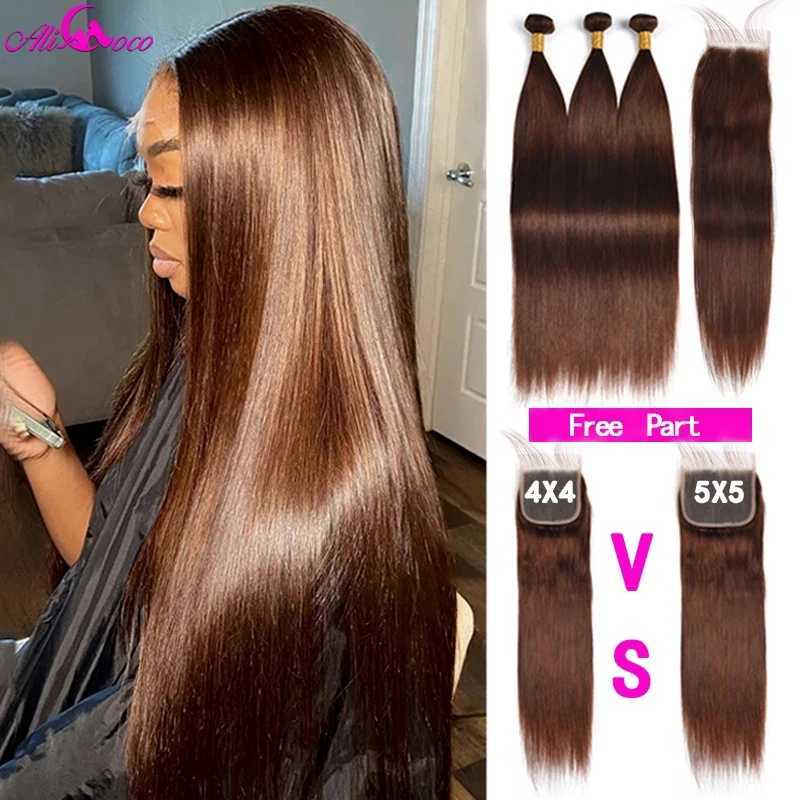 Chocolate Brown Bone Straight Bundles With Clo #4 Brazilian Hair Weave Bundles With Clo Remy Straight Human Hair BundlesXJ250120