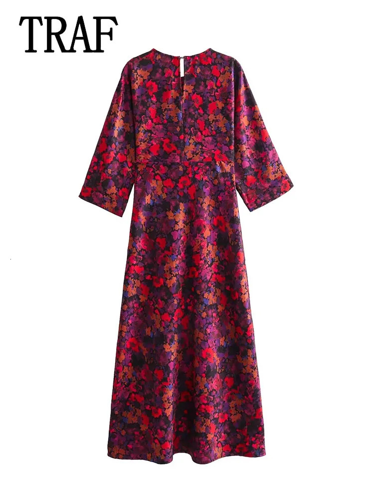 TRAF Women Pleated Long Dresses 2023 Autumn Sleeve Vintage Print Midi Dress Female Party 250121