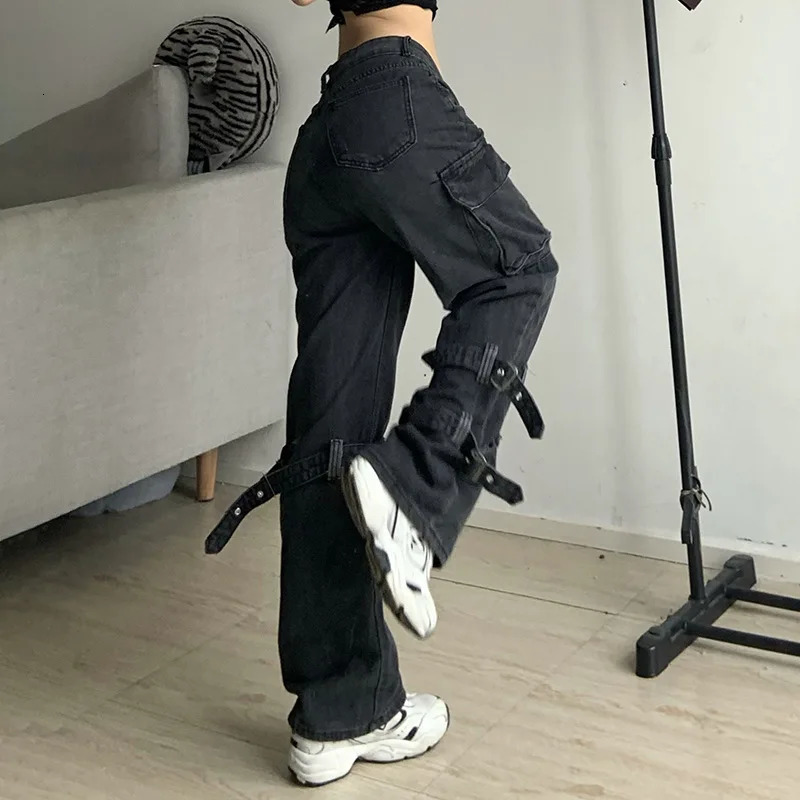 American Retro Smoke Grey Overalls Jeans Womens Y2K Street Hip Hop Trend Versatile Wide Leg Pants Casual High Waist Sexy Jeans 250109
