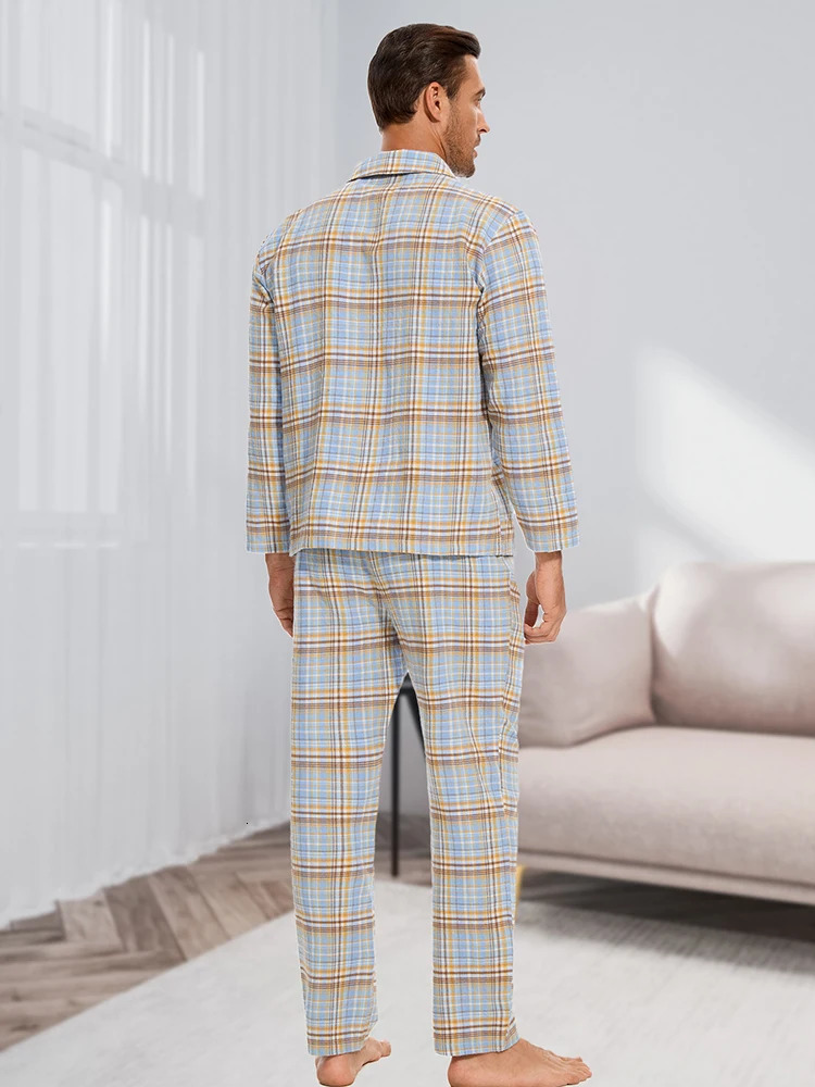 Mens Pajamas Set Autumn Winter Fashion Plaid Flannel Printed LongSleeved Casual Home Wear Sleepwear 2 Piece Soft Loungewea 250122