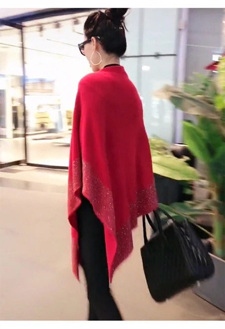 Autumn Fashion Winter Diamonds Knit Shawl Cloak Loose Plus Size Solid Woman Poncho Cape Pullover Sweater Black 250121