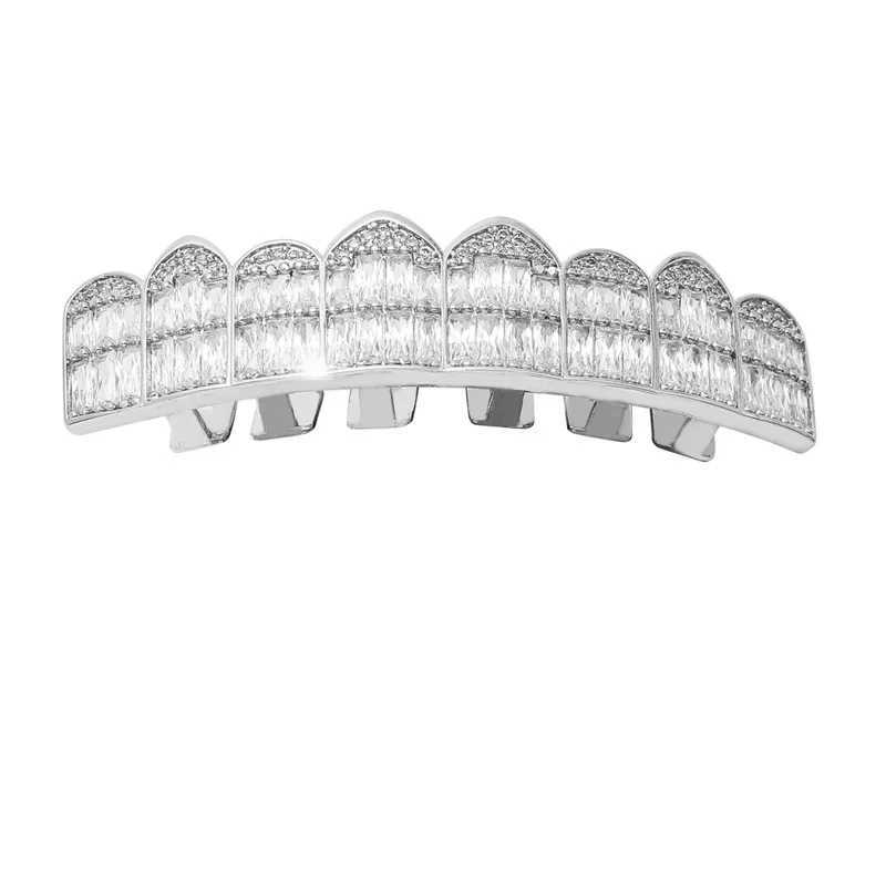 1 Set Baguette Stones Iced Out CZ Teeth Grillz Caps Cubic Zircon Top Bottom Charm Grills For Men Women Hip Hop JewelryXJ250114