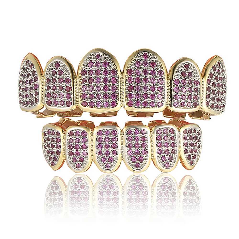 Hip Hop Full CZ Purple Stones Teeth Grillz Caps Cubic Zircon Iced Out Micro Top Bottom Charm Grills Set For Men Women JewelryXJ250114