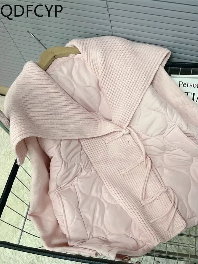 Women's Coats Autumn Winter 2024 New Loose Sweet Knit Cardigan Jacket Elegant Lace-Up Thickening Cottonpatchwork Parka For Women