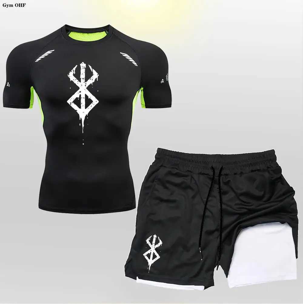 Anime Mens Cycling Sportswear Quick Dry Tight Fitting Sport 2 In 1 Double-Deck Shorts Mens T Shirt Suit Men Gym Running Trained X250129