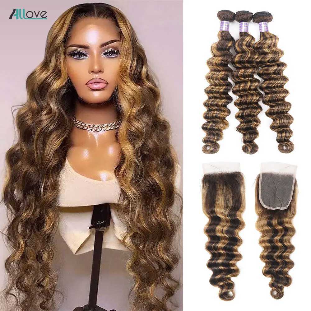 Allove Highlight Loose Deep Wave Bundles With Clo 4x4 Lace Clo With Bundles Brazilian Remy Ombre Honey Blonde BundlesXJ250120