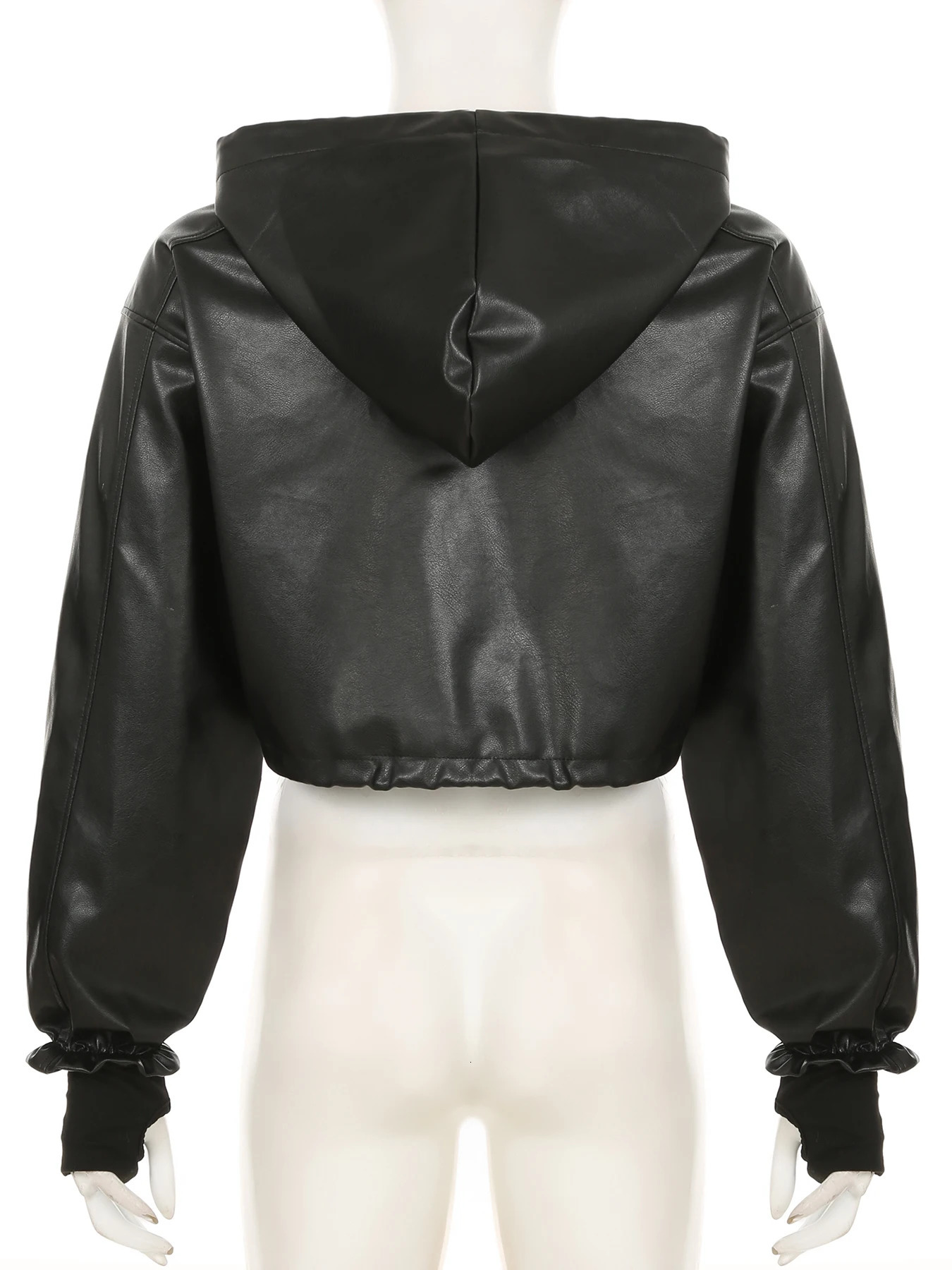 IAMSURE Locomotive Style Pu Leather Cropped Jackets Casual Solid Hooded Long Sleeve Coats Women Winter Fashion Streetwear 250122