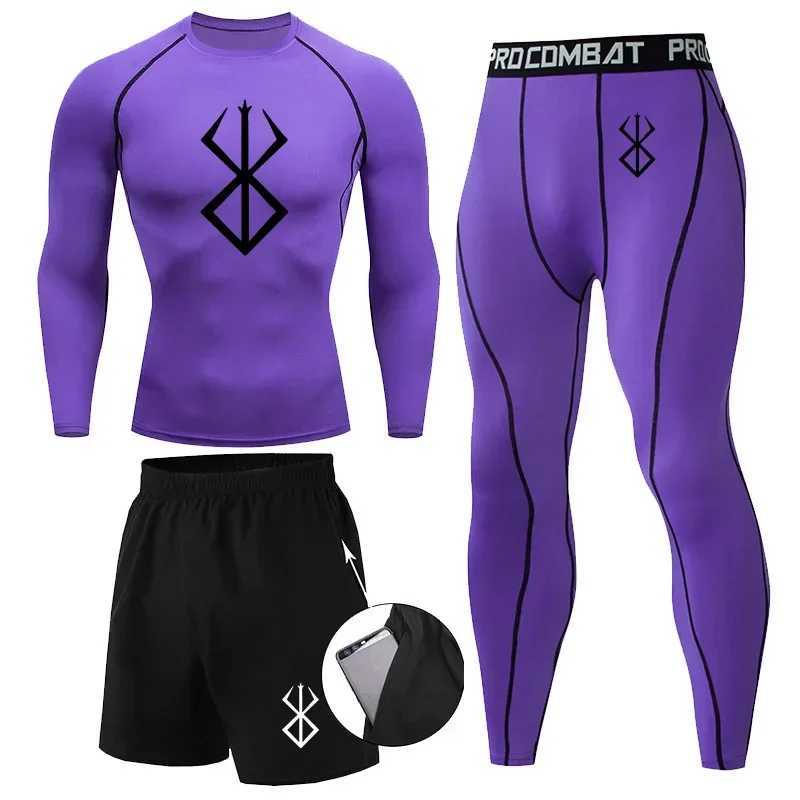 Anime Berserk Print Athletic Compression Sets for Men Gym Workout 3 Pieces Fitness Suits Rash Guard Undershirt Tops Pants Shorts X250129