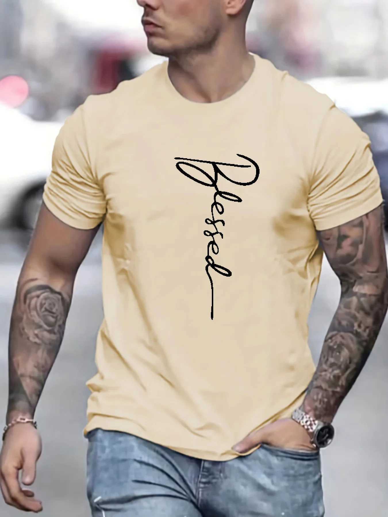 Mens 100% cotton summer loose fit oversized Blessed printed slim fit casual sports round neck short sleeved T-shirt topXJ250117