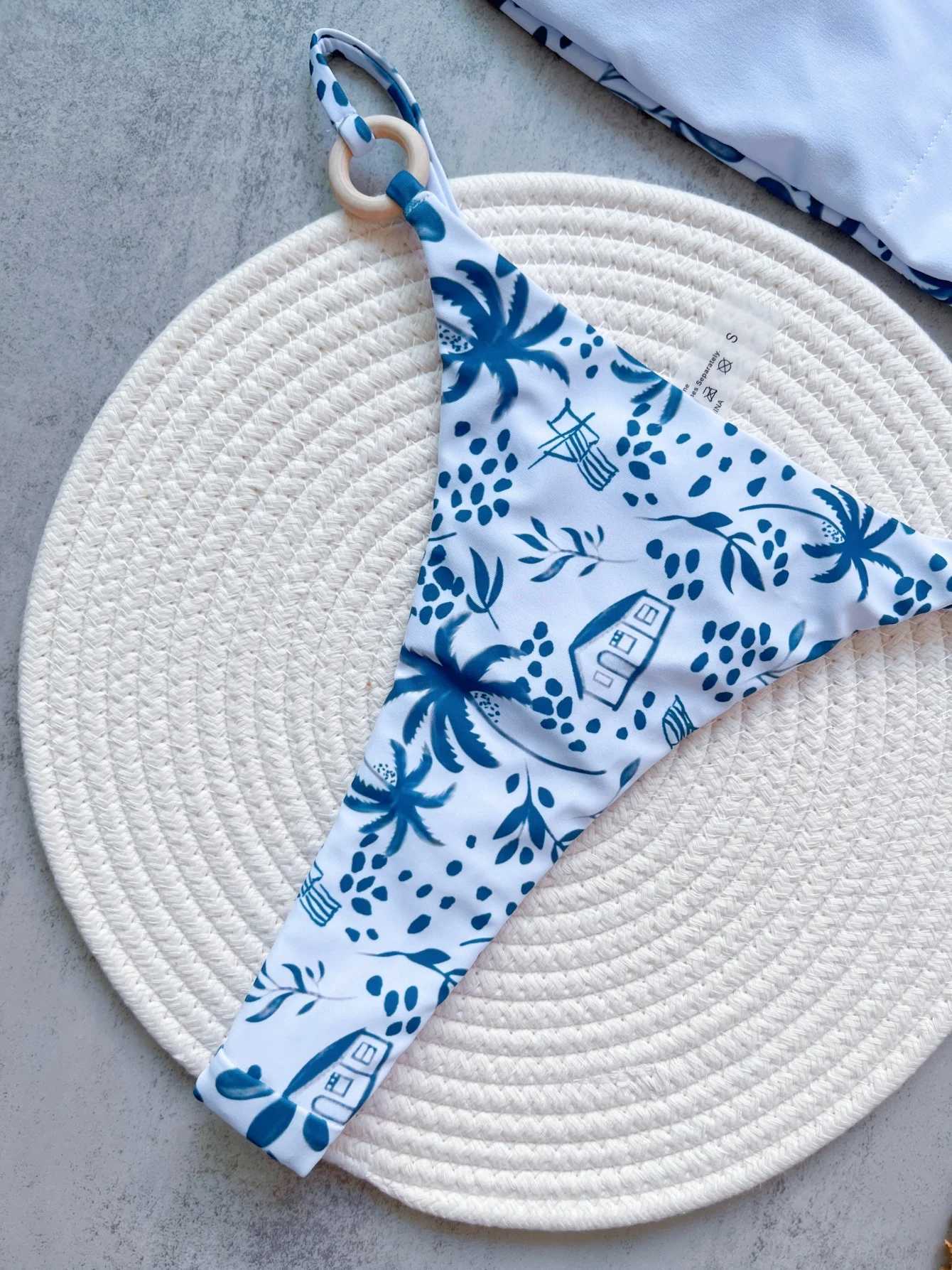RUOTONGSEPT Women Swimsuit Knitted Bikini Set Sexy Blue White Print Split Swimsuit Bikini Brazilian Triangle SwimwearXJ250120