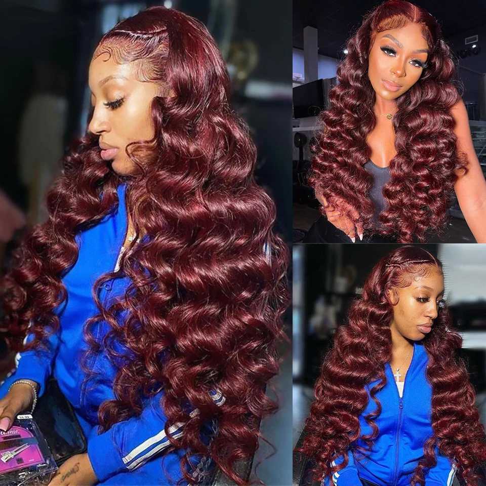 #99j Loose Deep Wave Hair Bundles With 4x4 13x4 HD Clo Frontal Dark Burgundy Human Hair Bundles With 13x4 Frontal PrepluckedXJ250120