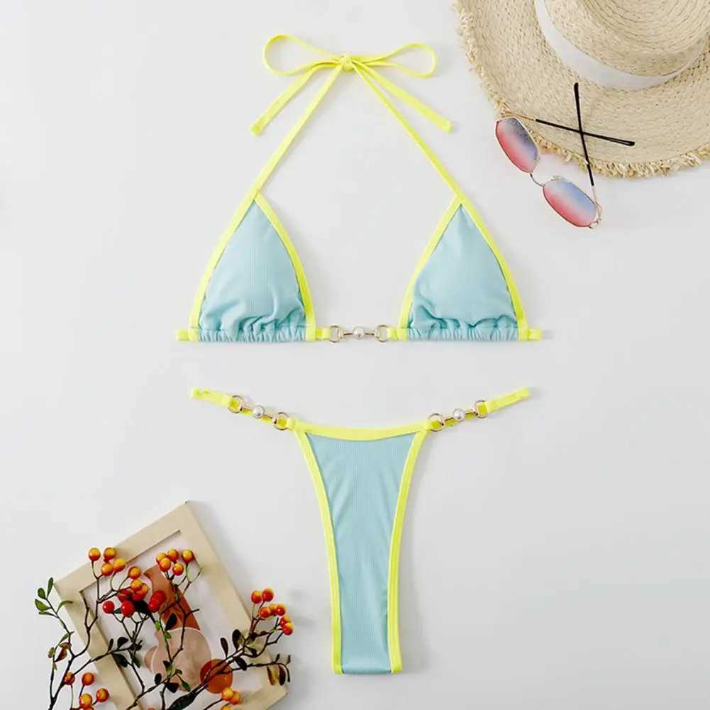 Women Bikini Set Contrast Color Halter Neck Three-point Pearl Deep V Neck Swimming Suit Bathers Women Micro Thong BikinisXJ250120