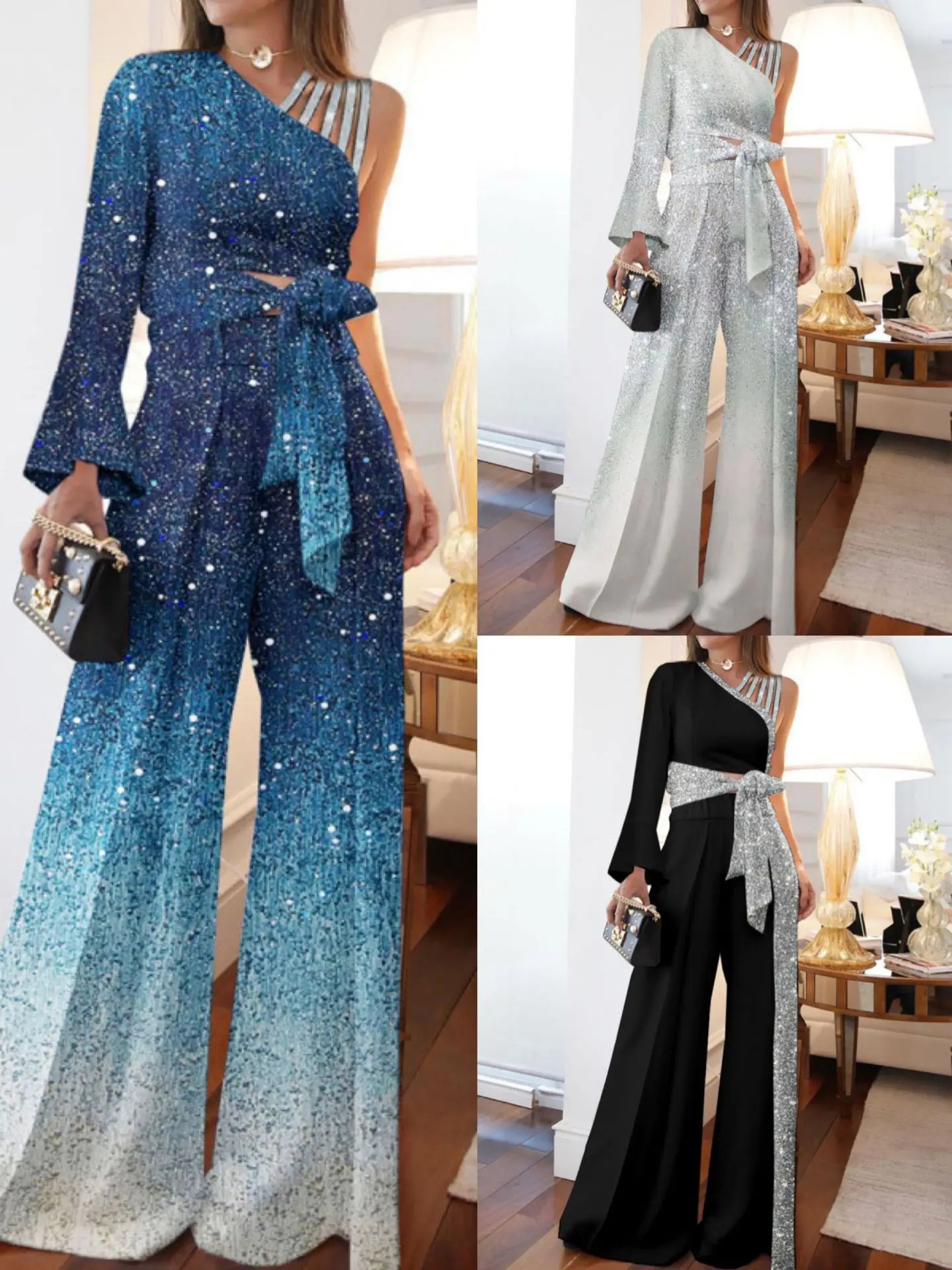 Elegant Women Jumpsuits Casual Long Sleeve One Shoulder Shiny Wide Leg Jumpsuit Lace Up Loose Wide Legs Romper High Streetwear 250114