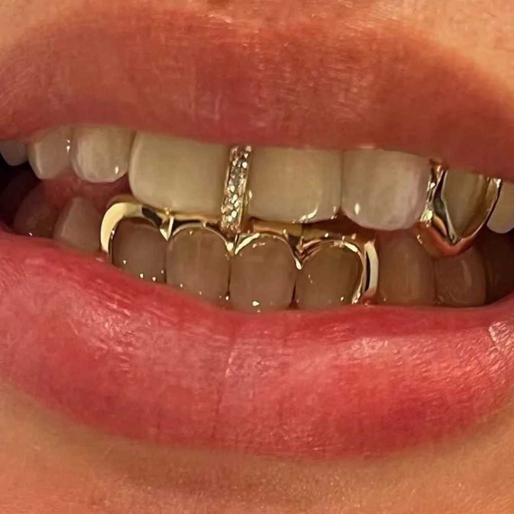 RACHELZ Hip Hop Single CZ Stone Vertical Bar Teeth Grillz 14K Gold Plated Cubic Zircon Tooth Caps For Women Men JewelryXJ250114