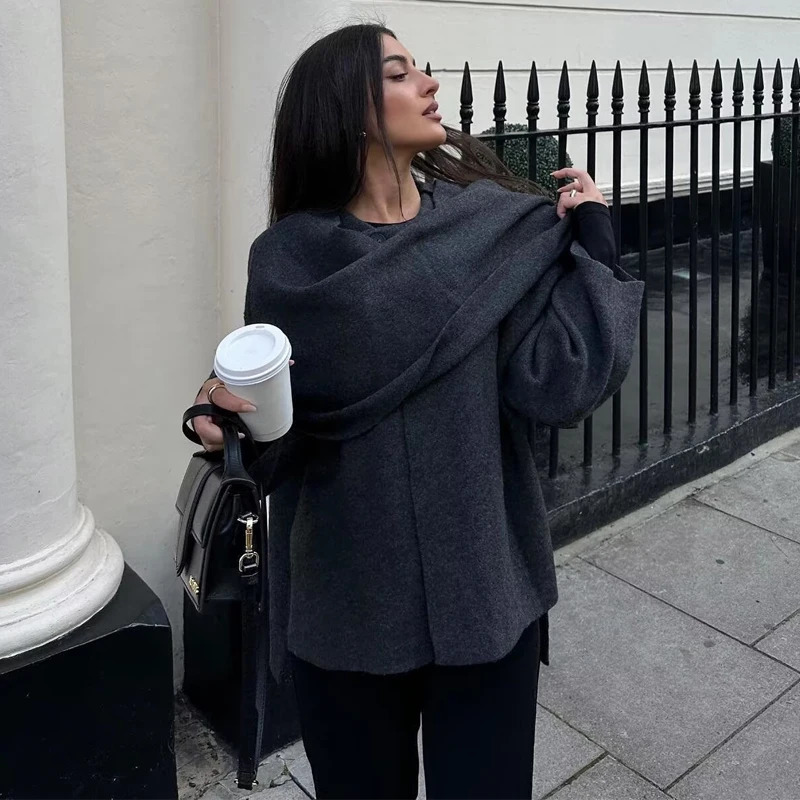 TRAF 2024 Plush Winter Coats for Women Asymmetric Scarf Demiseason Jacket Parkas Long Sleeve Padded Coat Woman 250109