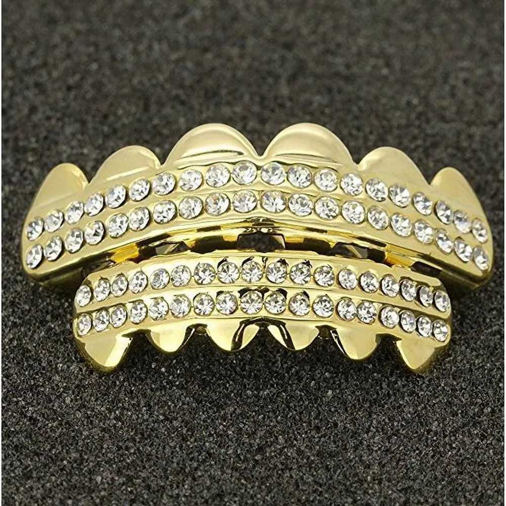 RACHELZ Hip Hop CZ Stone Teeth Grillz Caps 14K Gold Plated Double Row Cubic Zircon Tooth Grills For Women Men Jewelry GiftXJ250114