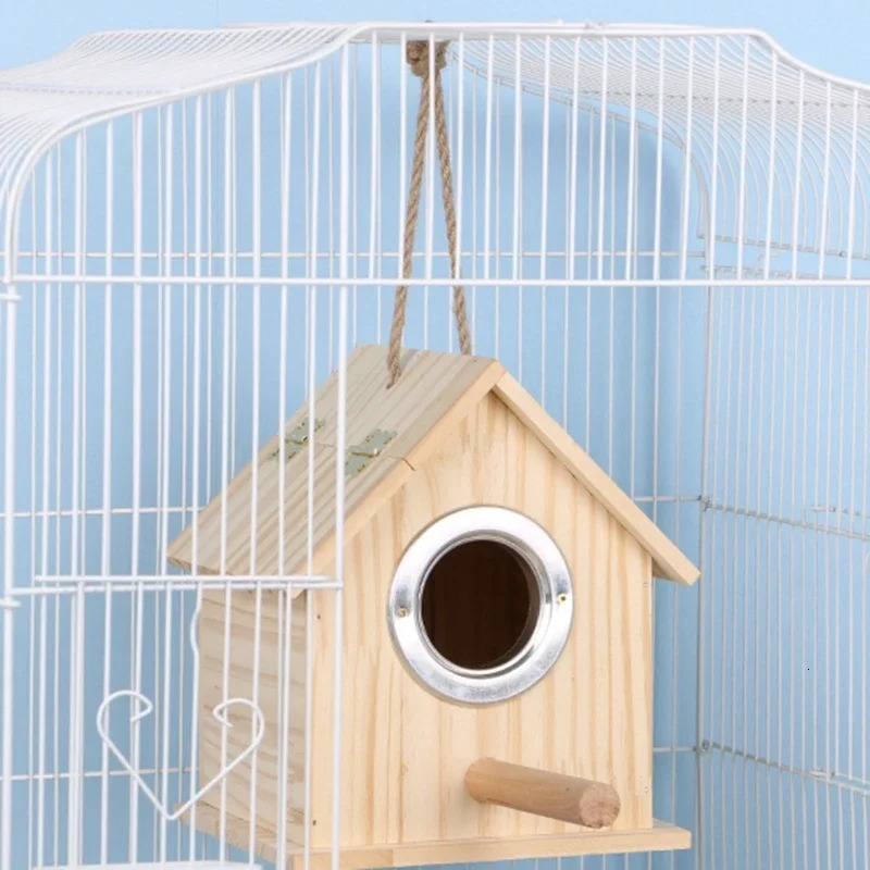 Wooden Bird House with Parakeet Perch Stands Pets Parrots Nesting House for Cage Outside Inside Hanging Nest 2 Sizes 250121
