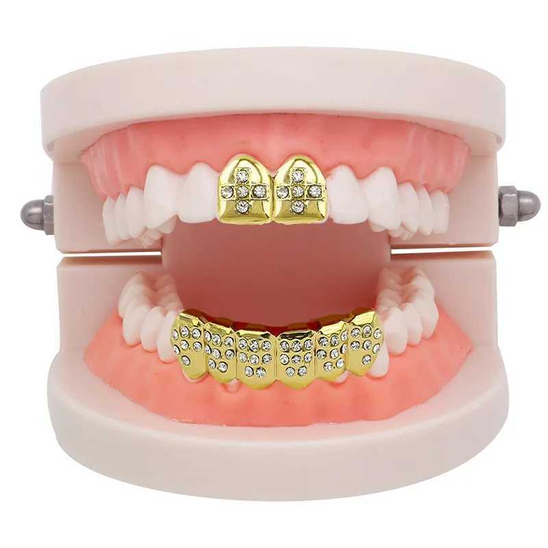 Hip Hop Iced Bling Teeth Grillz With Cross Cubic Zircon Caps Micro Pave Top Bottom Charm Grills For Men Women JewelryXJ250114