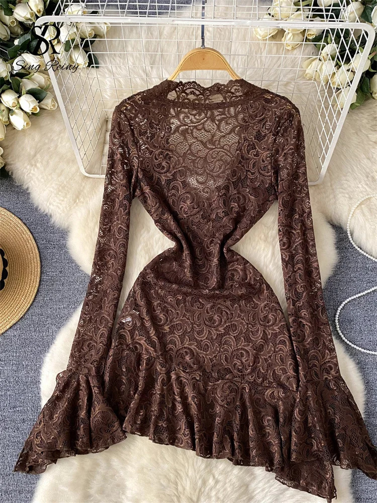 SINGREINY Ruffles Sheer Lace Dress Female V Neck Long Sleeve Dress Fashion Ladies Transparent Irregular Midi Long Sexy Dresses 250121