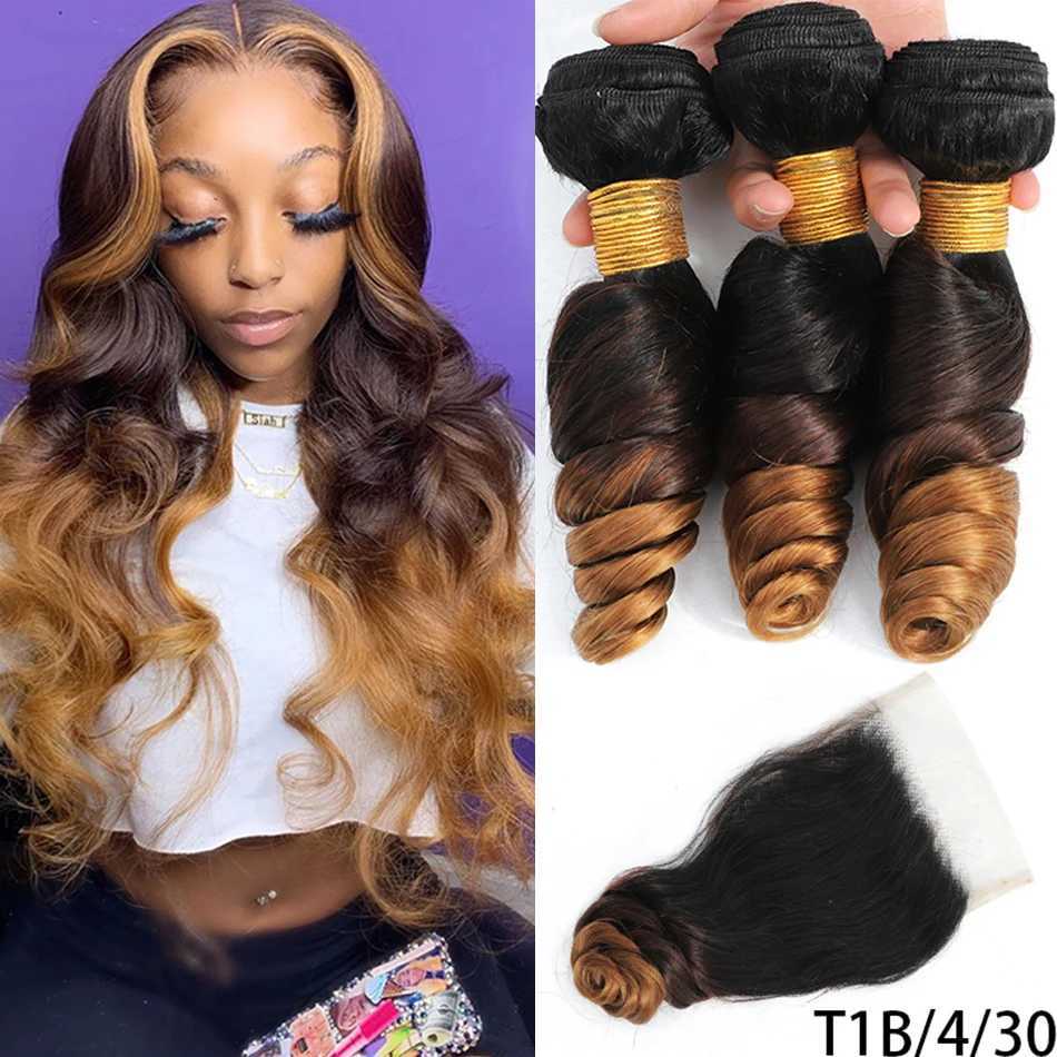 DreamDiana 10A Ombre Human Hair 3 Bundles with Clo T1B/30 Remy 100% Malaysian Hair Loose Weave 3 Bundles with Lace CloXJ250120