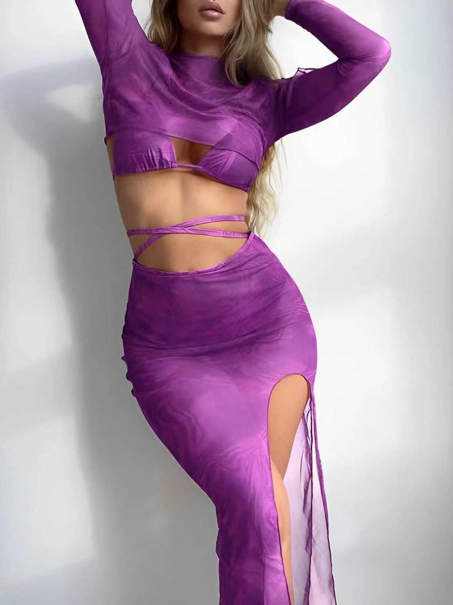 2024 Halter String 4 Piece Vent Long Skirt Bikini Swimsuit Women Swimwear Fe Bather Bathing Swimming Swim Suit BeachwearXJ250120