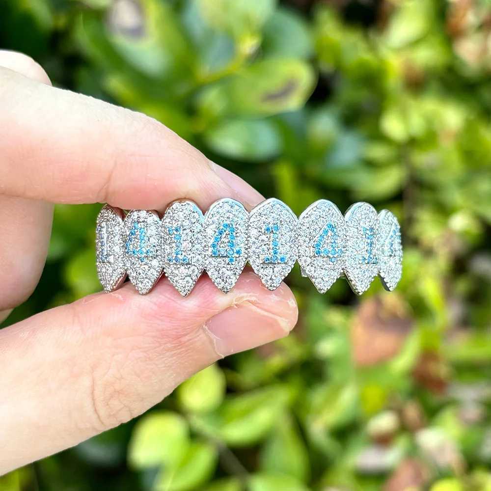RACHELZ Hip Hop 8/8 Blue Number Zircon Teeth Grillz Top Bottom Fangs Full CZ Stone Tooth Caps For Women Men Body JewelryXJ250114