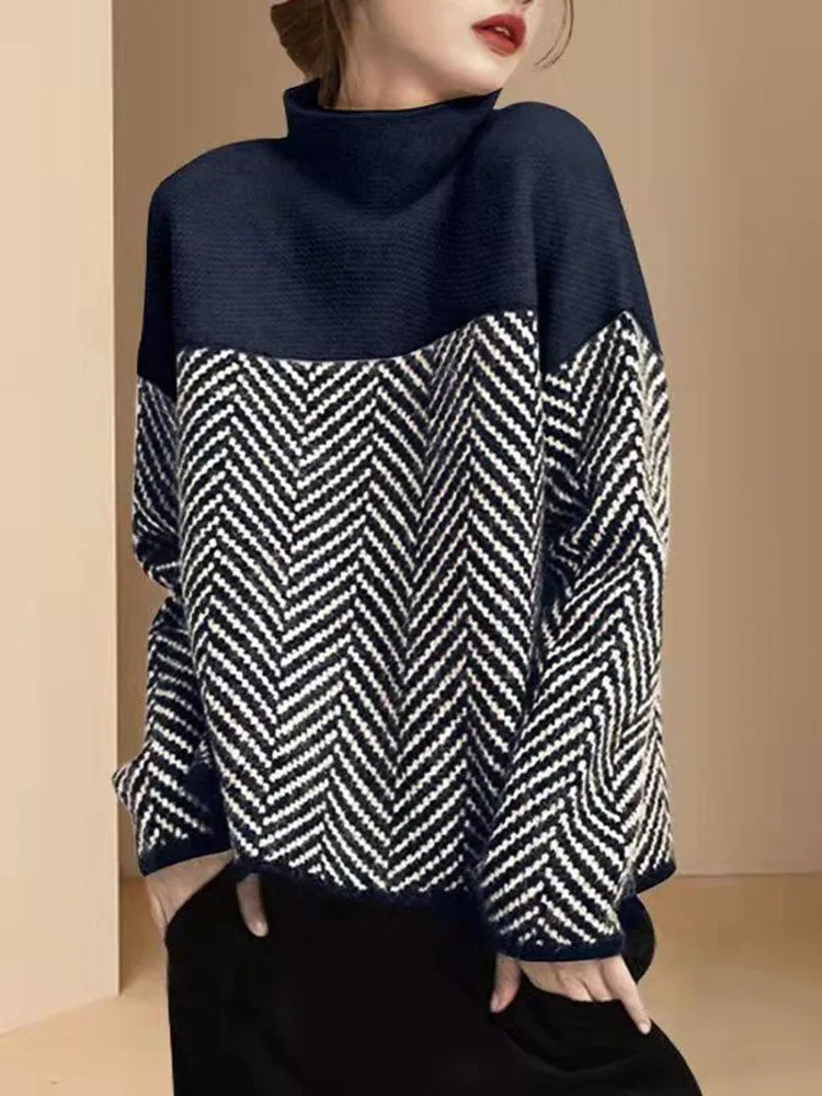 Contrast Color Turtleneck Sweater Women Autumn Winter Fashion Knitwear Long Sleeve Tops All Match Loose Thickened Jumper 250114