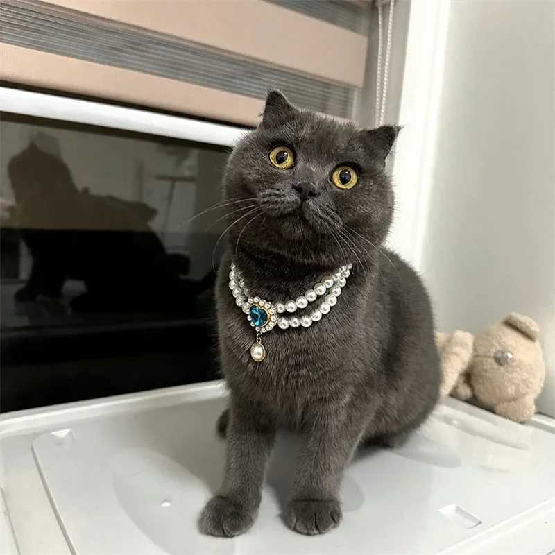 Pearl Dog Necklace Cute Cat Dog Collar Fancy Puppy Collar with Heart Jewerly Adjustable Kitty Necklace for Wedding Birthday X250129