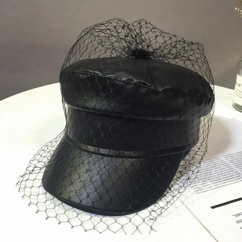 Spring and summer black PU lace veil sboy caps Fmale Flat top Mesh letter multiple styles fashion hats 250118
