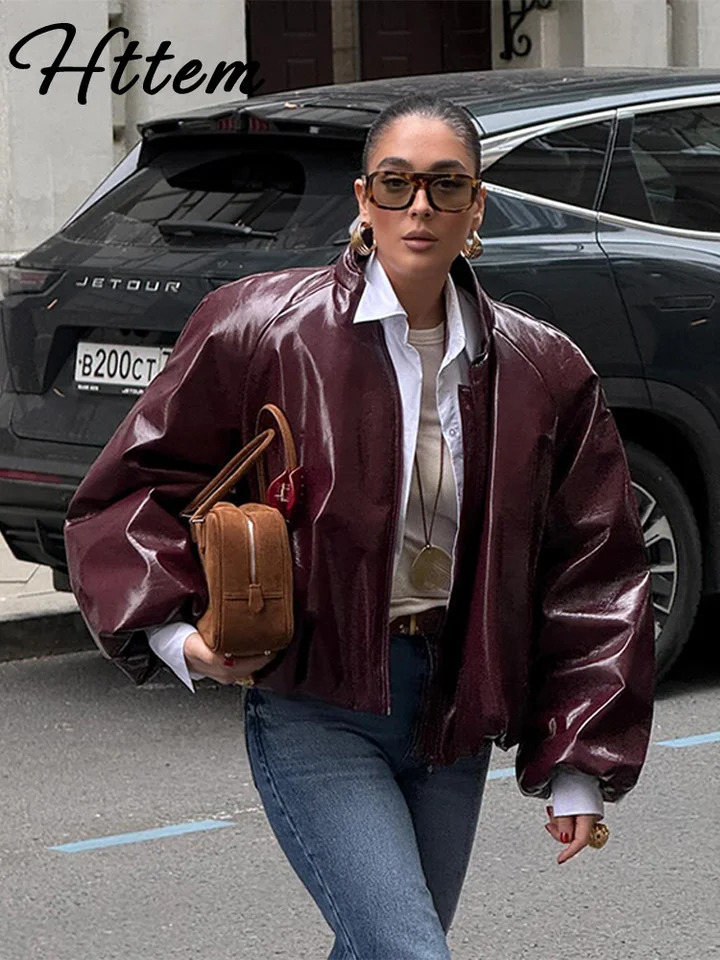 Burgundy Leather Bomber Jacket Women Loose Lapel Zipper Pocket Cropped Short Coats Autumn Lady Y2k Streetwear 250122