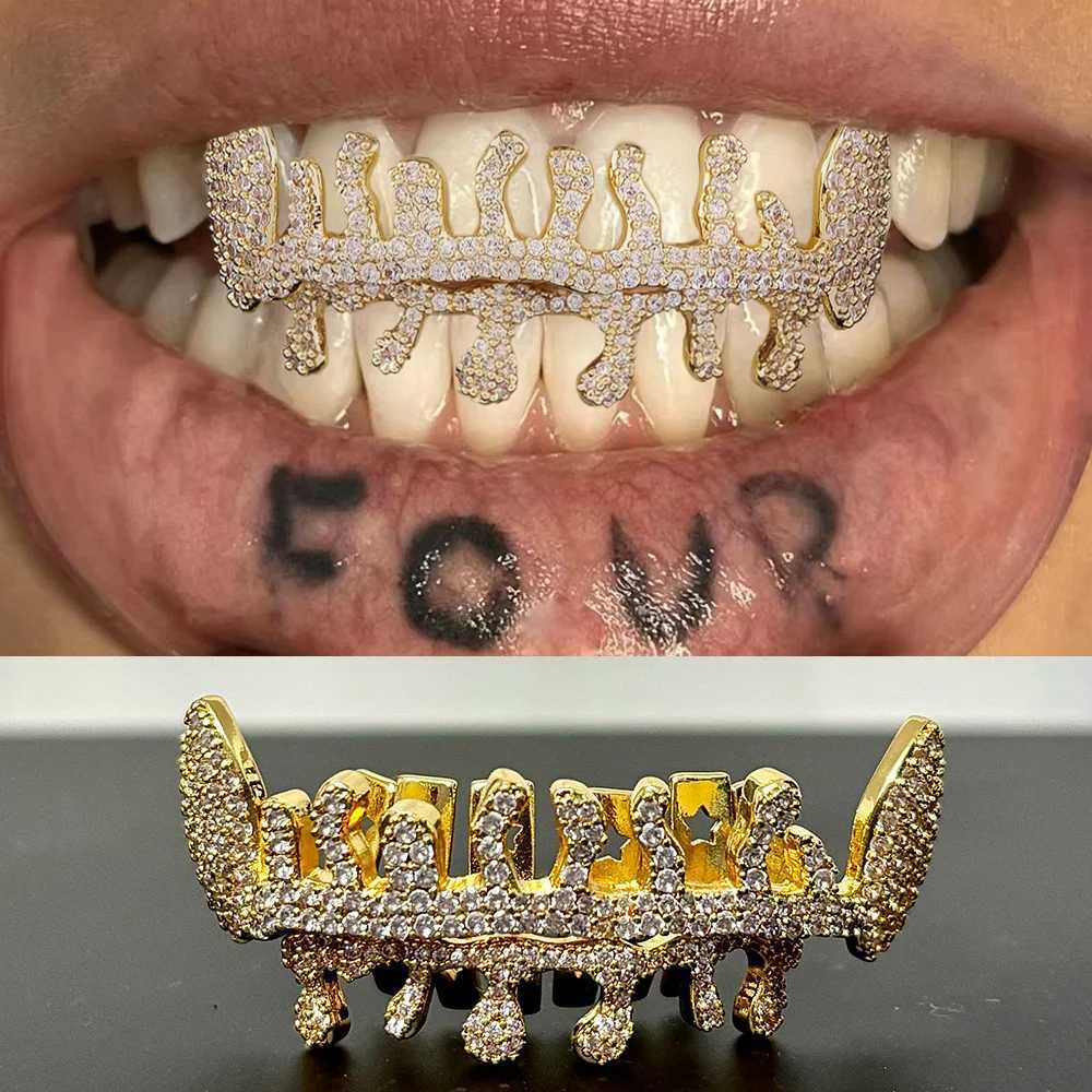 RACHELZ Full Iced Out CZ Stone Flame Teeth Grillz Braces Hip Hop Cubic Zircon Water Droplet Tooth Caps For Women Men JewelryXJ250114