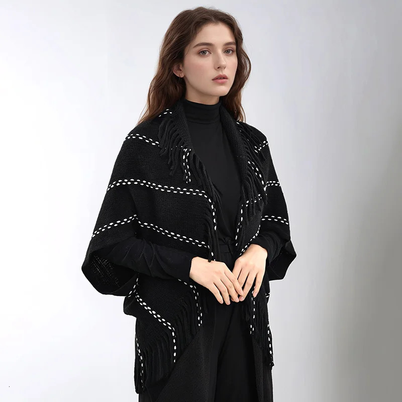 Winter Large Warm Tassel Shawl Solid Knitted Cardigan Cape Shawl Women Stylish Loose Thick Coat 87*47cm 250120