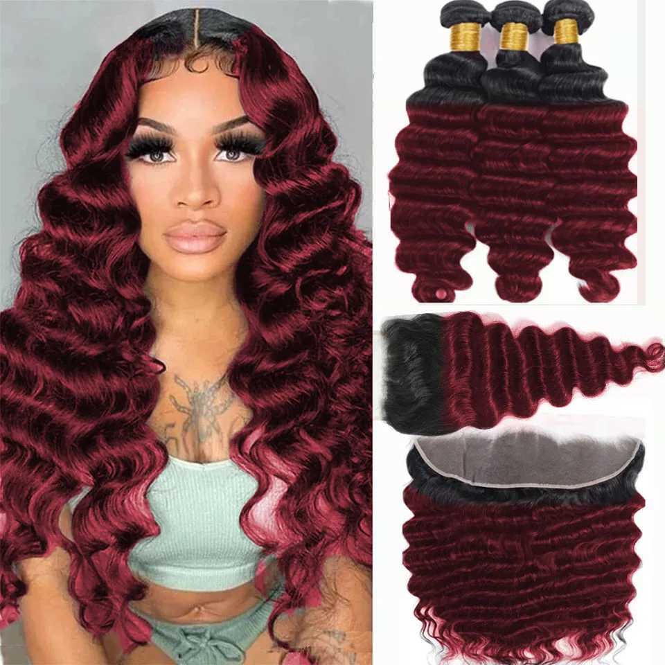 Ombre Bundles With Clo 4x4 6x6 T1b/99j Colored Loose Deep Wave Bundles With Clo Frontal Human Hair Bundles With FrontalXJ250120