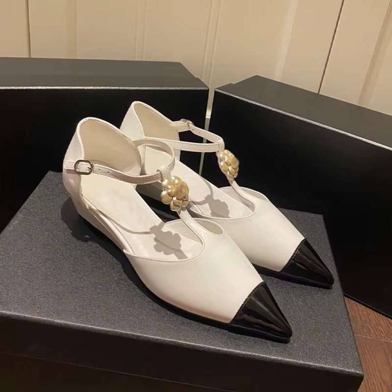Camellia Water Dia Baotou Sandals The United States New French Patchwork Pointed Wedge Heel Mary Jane Shoes Women
