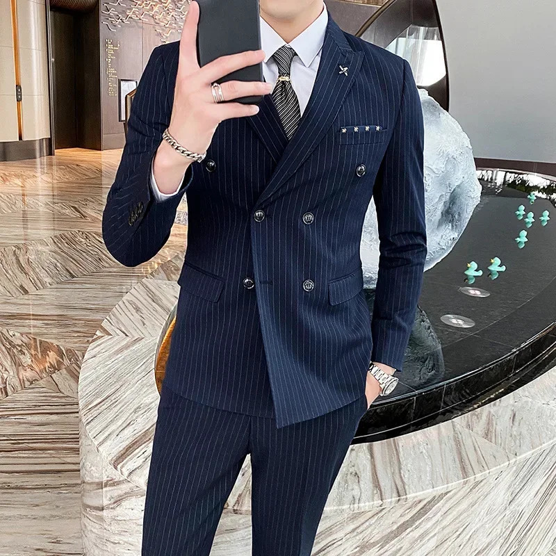 2024 Formal Stripe Men Suits Double Breasted Wedding Groom Stage Tuxedo Man Business Slim Social Suit Dress 2 Pcs 3pcs 250122