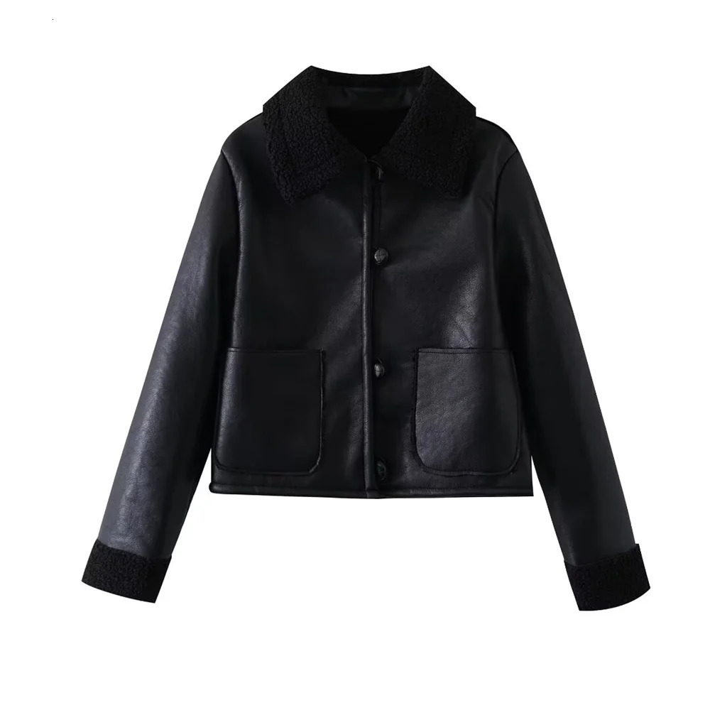 PB ZA winter womens simple high-end fashion black fur collar double-sided jacket pocket decoration long-sleeved coat 250122