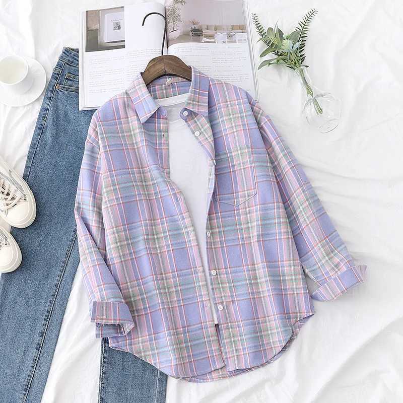 Brand Womens Flannel Plaid Shirts New Ladies Tops Exquisite Designer Style Loose Blouses Casual Cotton Long Sleeve Blouse M250121