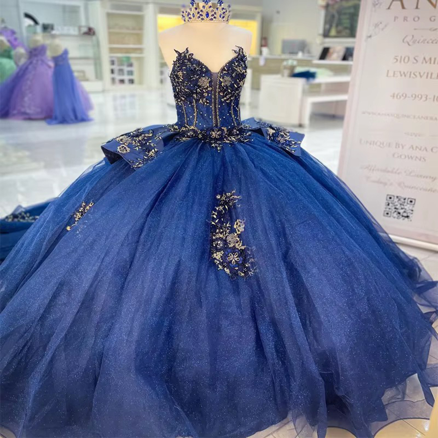 Customized Navy Blue Quinceanera Dress Ball Gown Lace Applique Beading Detachable Sleeve Sweet 16 Vestidos 15 Anos
