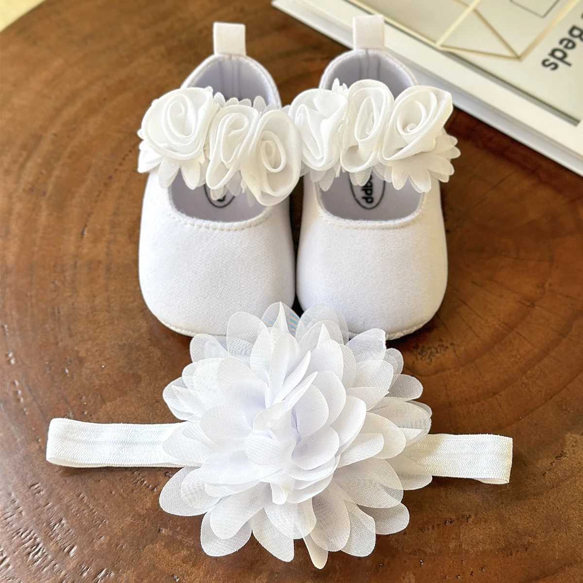 2pcs Baby Girls Flat Shoes With Flower Decor Princess Crib Shoes First Walker Shoes Headband For Newborn Infant X250129