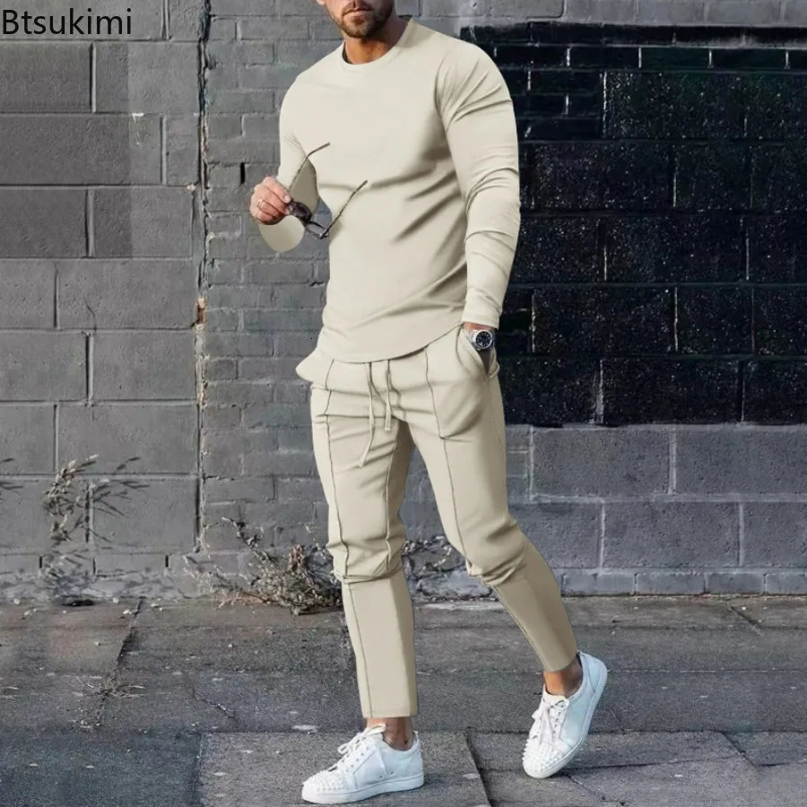 2025 Spring Mens Casual Sport Twopieces Fashion Solid Long Sleeve Oneck Tshirt and Sweatpants Suits Men Tracksuit Outfit 250110