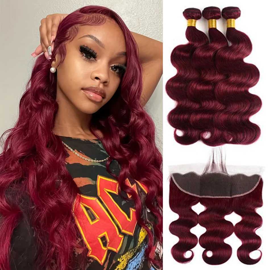 2/3/4 Bundles With Frontal Body Wave Highlight Burgundy #99J Human Hair 13x4 Lace Front With 3 Bundles Brazilian Hair For WomenXJ250120