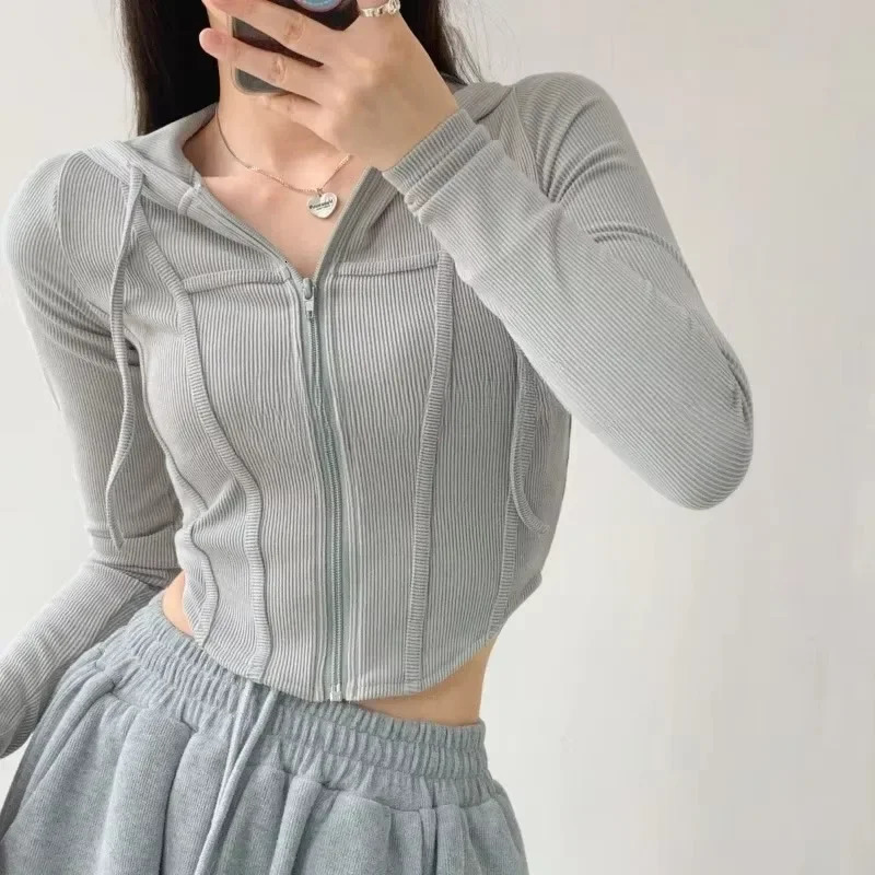 Thin Hooded Cardigan Women Vintage Slim Solid Sports Jacket Vertical Pit Stripe Zipper Female Sexy Korean Cropped Tops 250122