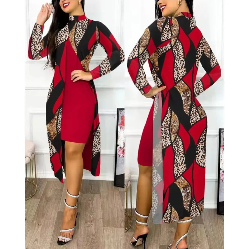 Two piece womens printed dress set full sleeve semi high neck split open front elegant firstline office ladies 250122